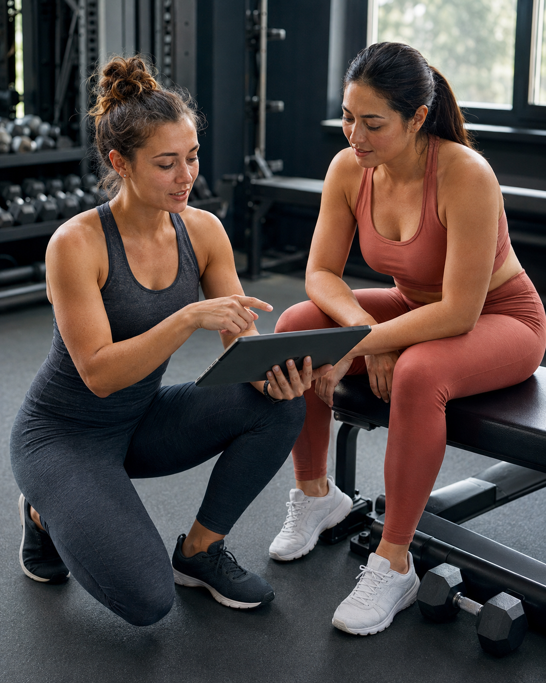 Personal trainer kneeling beside a client on a gym bench, reviewing her session plan on a tablet