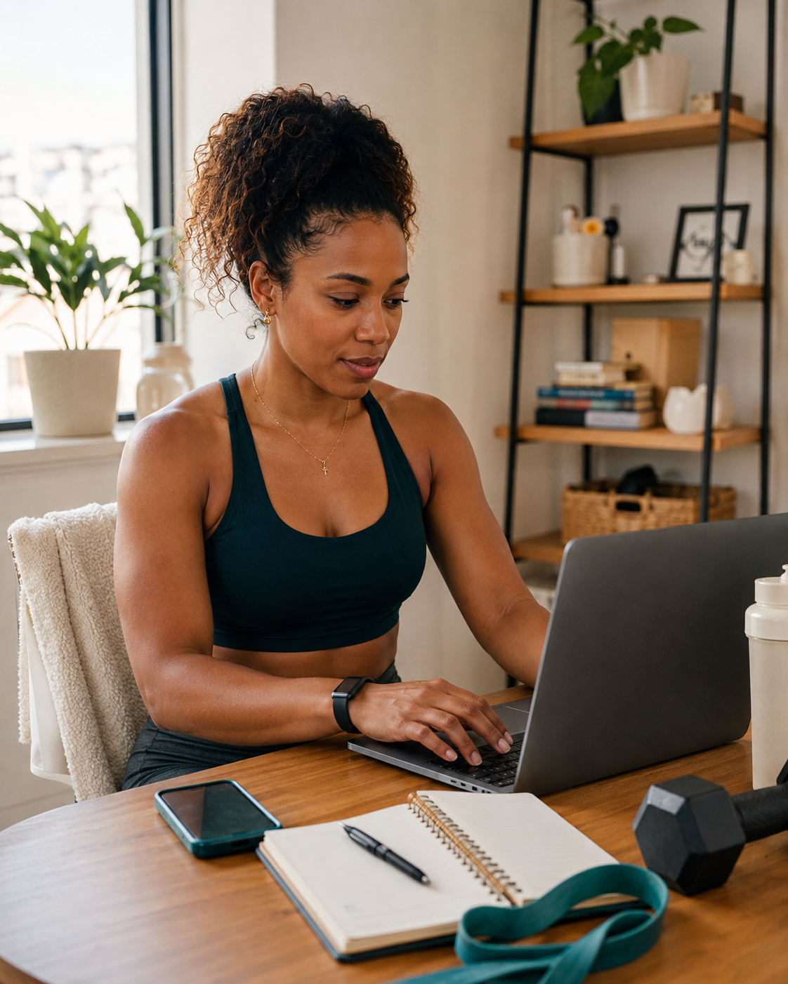 Online fitness coach at a home desk writing client check-ins on a laptop beside a notebook and dumbbell