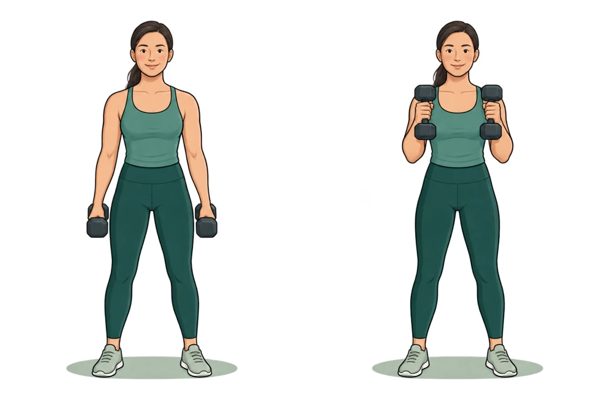 Start and finish illustrations show a woman holding dumbbells by her sides, then curling them with her elbows kept close to her body.