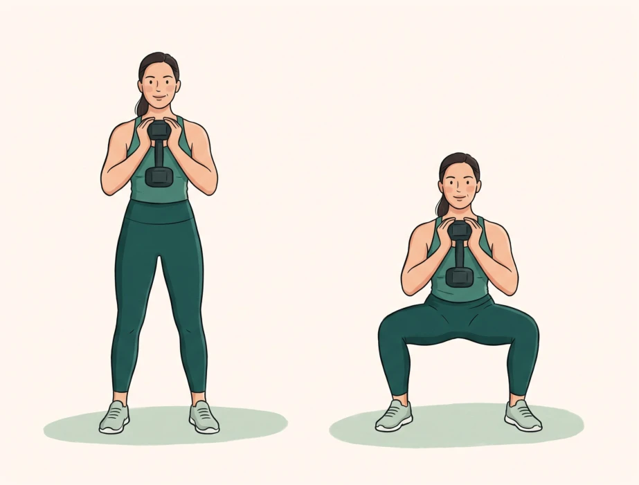 Two illustrations show the standing and lowered positions of a goblet squat, holding a dumbbell at the chest.