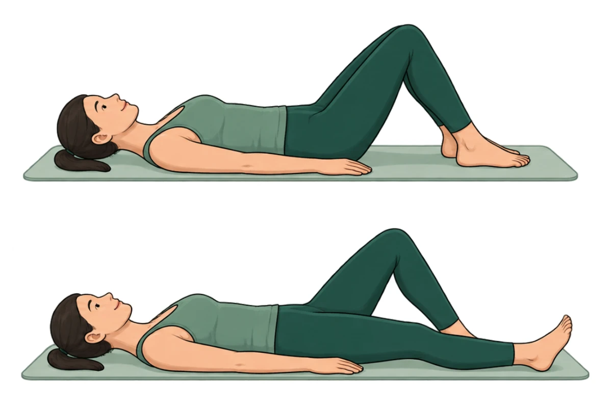 Start and finish illustrations show a woman on her back with bent knees, then sliding one heel away while keeping her hips still.
